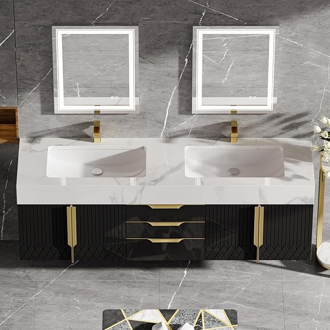 homary 60" Floating Bathroom Vanity Set with Double Sink, Modern Bathroom Sink Cabinet Storage Cabinet with Sintered Stone Countertop and Ample Storage, Black