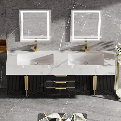 homary 60" Floating Bathroom Vanity Set with Double Sink, Modern Bathroom Sink Cabinet Storage Cabinet with Sintered Stone Countertop and Ample Storage, Black