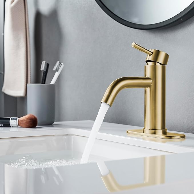 Single Hole Bathroom Sink Faucet Brushed Gold, Modern Single Handle Bathroom Faucet Commercial Stainless Steel Basin Faucet with Drain