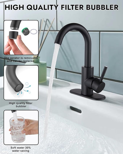 Midanya Single Hole Bathroom Faucet 1 Hole Bar Sink Faucet Suitable for Kitchen RV Vanity,304 Stainless Steel 360° Swivel Spout with Deck Plate and Pop-up Drain,Matte Black