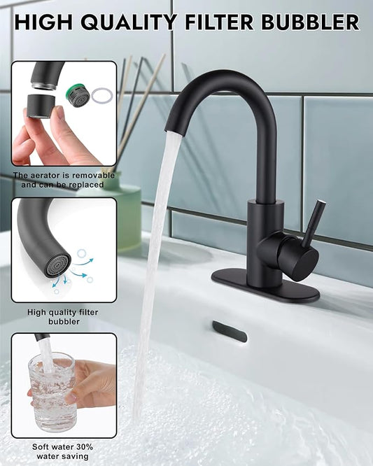 Midanya Single Hole Bathroom Faucet 1 Hole Bar Sink Faucet Suitable for Kitchen RV Vanity,304 Stainless Steel 360° Swivel Spout with Deck Plate and Pop-up Drain,Matte Black