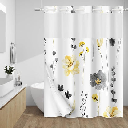 No Hook Floral Shower Curtain with Liner, Yellow Gray, 71x77 | Snap in Liner, 3 in 1, Water Repellent, Easy Install, Machine Washable, Hotel Style for Bathroom, Watercolor Pattern