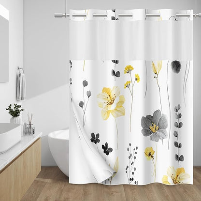 No Hook Floral Shower Curtain with Liner, Yellow Gray, 71x74 | Snap in Liner, 3 in 1, Water Repellent, Easy Install, Machine Washable, Hotel Style for Bathroom, Watercolor Pattern