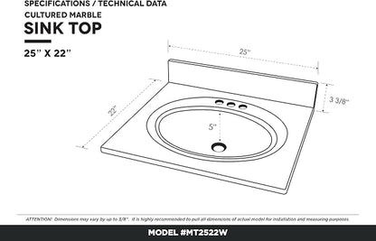 Cultured Marble Composite Bathroom Sink Top - Fits Standard 24” Vanity | Elegant and Durable Bathroom Sinks for Modern Homes - Upgrade Your Space - Perfect for Any Bathroom Design