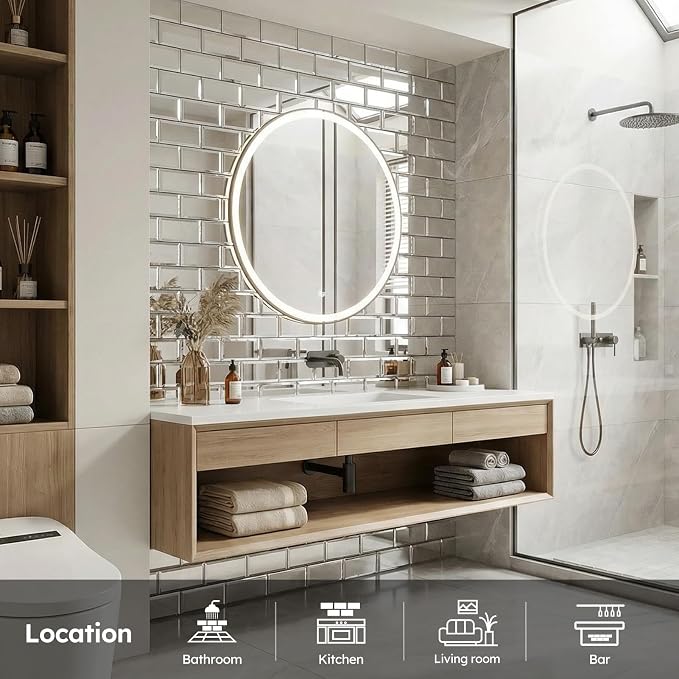Peel and Stick Mirror Subway Tiles, Silver, 3x6 Inch, Beveled Mirror Backsplash for Kitchen Bar Bathroom Wall Tile (5 Sq.ft, 40 Pcs)