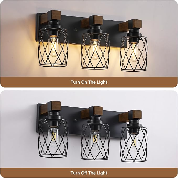 Farmhouse 3-Light Wood Bathroom Vanity Light, Black Metal Cage Shade | Mounted Over Mirror, Industrial Rustic Style, Ideal for Bathroom, Bedroom, Hallway & Living Room, Easy To Install