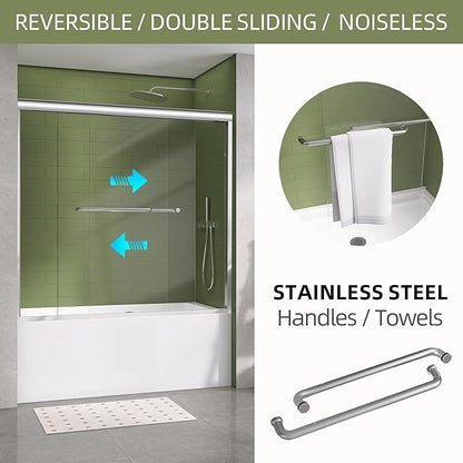 GETPRO Tub Shower Door 56-60 in. W x 58 in. H Semi-Frameless Bypass Double Sliding Bathroom Glass Tub Door,1/4 inch Clear Tempered Glass Bathtub Door Chrome Finish
