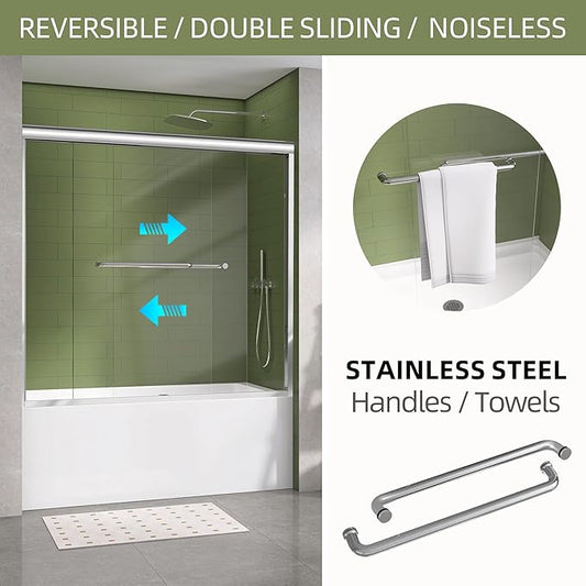GETPRO Tub Shower Door 56-60 in. W x 58 in. H Semi-Frameless Bypass Double Sliding Bathroom Glass Tub Door,1/4 inch Clear Tempered Glass Bathtub Door Chrome Finish