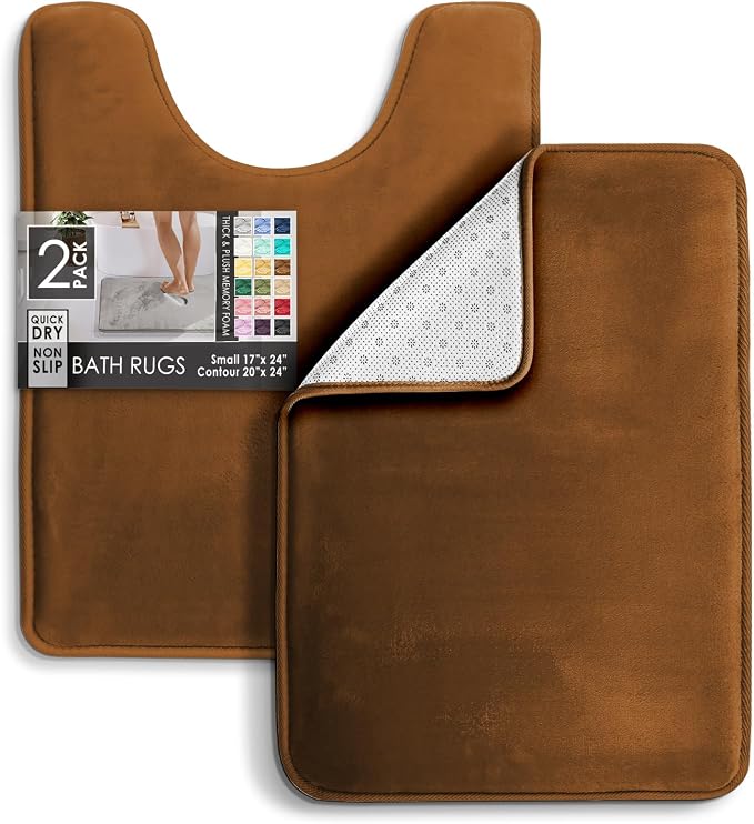Clara Clark 2 Piece Bathroom Rugs, Velvet Memory Foam Bath Mat Set, Non-Slip Bath Rugs, Machine Wash, Dries Quickly, Ultra Soft Plush Bath Mats for Bathroom, 17 x 24 + Contour, Brown