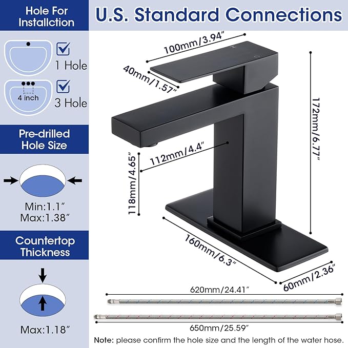 Black Bathroom Faucet, Stainless Steel Vanity Bathroom Sink Faucet with Pop Up Drain Stopper and Water Hoses, Easy to Install Bathroom Faucet 1 Hole for Bathroom Sink, Vanity, RV, Farmhouse