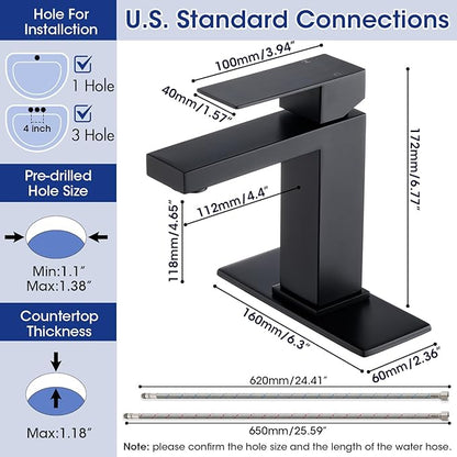 Black Bathroom Faucet, Stainless Steel Vanity Bathroom Sink Faucet with Pop Up Drain Stopper and Water Hoses, Easy to Install Bathroom Faucet 1 Hole for Bathroom Sink, Vanity, RV, Farmhouse