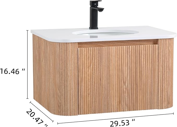 30 Inch Wall Mounted Bathroom Vanity with Ceramic Sink, Pre-Assembled Floating Vanity Cabinet with Marble Countertop, Wave Texture Finish & Drawer, Wood