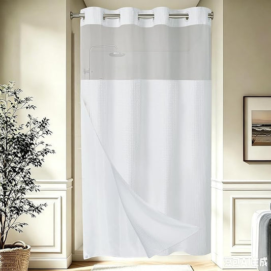 EUTXL Heavyweight No Hook Shower Curtain with Liner, White, 60x74 | Snap in Liner, Thick Waffle Fabric, Hotel Quality, Corner Magnets, Waterproof & Washable