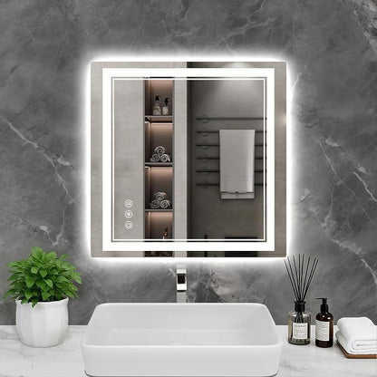 30x30 Inch LED Bathroom Mirror with Lights, 3 Colors Dimmable LED Vanity Mirror, Front and Back Lit, Anti-Fog, Memory Function, Shatterproof Tempered Glass, ETL Listed, Wall Mounted Makeup Mirror