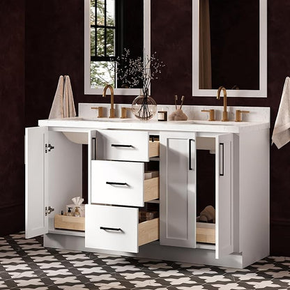ARIEL Loren 60-inch Bathroom Vanity with Sink,Solid Wood, 1.5-inch Carrara White Quartz Countertop, Double Rectangular Porcelain Sink, 4 Soft Closing Doors, 3 Dovetail Drawers, White