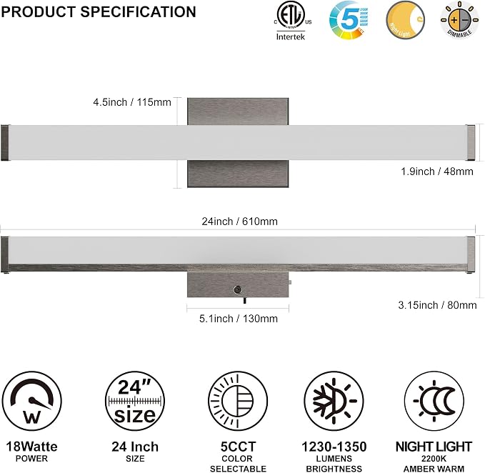 24 Inch Bathroom Vanity Light Fixtures with Night Light: Long Square Wall Mounted LED Lighting Bar over mirror with 5CCT & 2200K Color Changing, 120V, 1230-1350lm, ETL, Brushed Nickel, 1-Pack