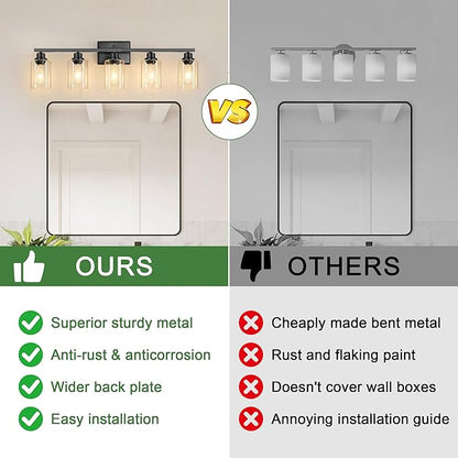 Ascher 5-Light Bathroom Light Fixtures, 33 Inch Vanity Lights with Clear Glass Shade, Modern Black Finish Wall Light for Mirror Bedroom Hallway Cabinet Porch