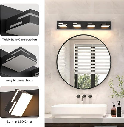4-Light 5CCT Modern Bathroom Vanity Light Fixtures, 30-Inch 350° Rotatable LED Vanity Lights Over Mirror, Dimmable Matte Black Wall Sconce with Frosted Acrylic Shade