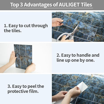 AULIGET 40-Piece Polished Blue Marble Peel and Stick Backsplash Wall Tiles, 3" x 12" PVC Faux Stone Stick on Tiles for Backsplash Kitchen, Bathroom, Laundry Room, Camper, Fireplace