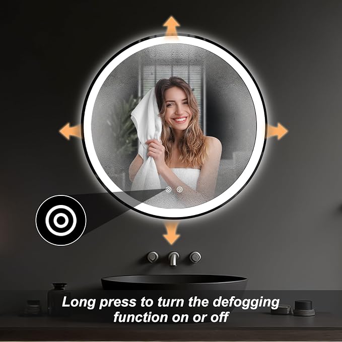NEWBULIG 28'' Round LED Bathroom Mirror with Lights, Circle Vanity Mirror | Anti-Fog, Dimmable, 3-Color Light, Front Light and Backlit, Memory Function, Tempered Glass