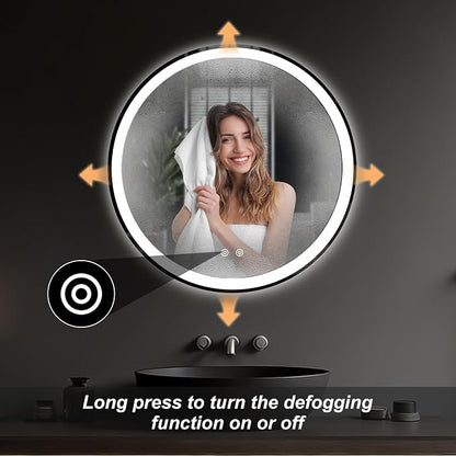 NEWBULIG 28'' Round LED Bathroom Mirror with Lights, Circle Vanity Mirror | Anti-Fog, Dimmable, 3-Color Light, Front Light and Backlit, Memory Function, Tempered Glass