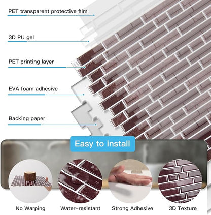 Art3d 10-Sheet Heavy-Duty Peel and Stick Backsplash, Waterproof Wall Tiles Stick on Kitchen Backsplash Living Space, Dark Burgundy