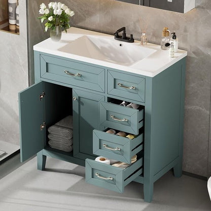 36 Inch Bathroom Vanities with Undermount Ceramic Sink, Storage Cabinet with Soft Closing Doors and Three Drawers, Solid Wood Frame, Green