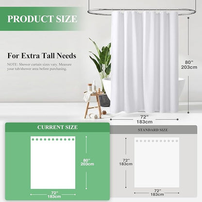Long Waffle Shower Curtain 256 GSM Heavy Fabric 72x80 White | 80 Inch Long, Thick Cloth, Weighted Hem, Water Repellent, Hotel Luxury Polyester Shower Curtain Set for Bathroom 12 Hooks
