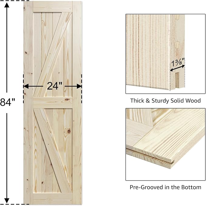 SmartStandard 24in x 84in Sliding Barn Wood Door Pre-Drilled Ready to Assemble, DIY Unfinished Solid Spruce Wood Panelled Slab, Interior Single Door Only, Natural, K-Frame (Fit 4FT Rail) | Pre-Drilled Ready to Assemble, DIY Unfinished Solid Spruce Wood...