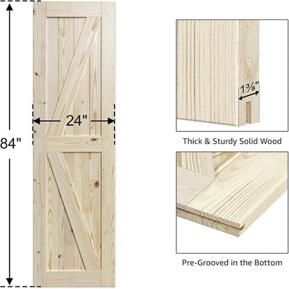 SmartStandard 24in x 84in Sliding Barn Wood Door Pre-Drilled Ready to Assemble, DIY Unfinished Solid Spruce Wood Panelled Slab, Interior Single Door Only, Natural, K-Frame (Fit 4FT Rail) | Pre-Drilled Ready to Assemble, DIY Unfinished Solid Spruce Wood...