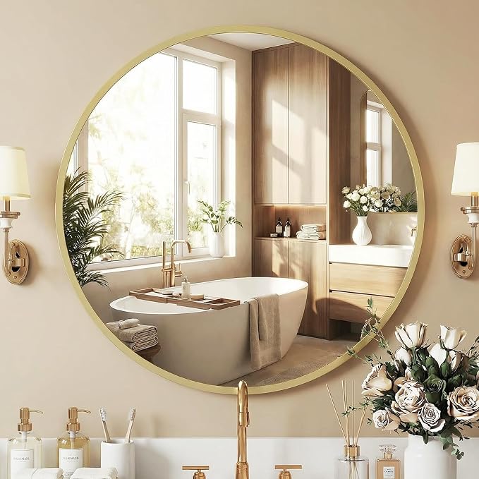 NEWBULIG 30 Inch Round Wall Mirror, Bathroom Mirrors for Over Sink | Metal Framed Circle Vanity Mirror, Wall Decor for Bedroom, Entryway, Anti-Rust, Tempered Glass, Hanging or Leaning, Gold
