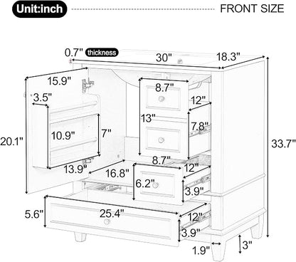 Bathroom Vanity with Ceramic Sink 30 Inch, Cabinet with One Door and Three Drawers, Soft-Closing Door, Solid Wood Legs, Blue