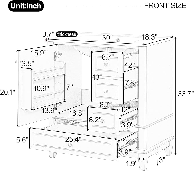 30" Vanity with Sink, Bathroom Vanities 30 Inch with Sink, Single Sink Bathroom Vanity with Door Shelf and Three Drawers, Restroom Vanity with Sink Top (Blue)