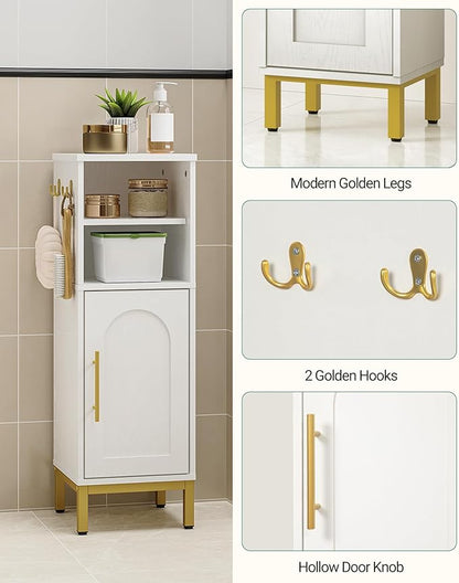 Bathroom Storage Cabinet, Corner Floor Cabinet with Door & Shelves, 2Hooks, Small Narrow Storage Organizer, Toilet Paper Cabinets for Small Space, White SC06313G