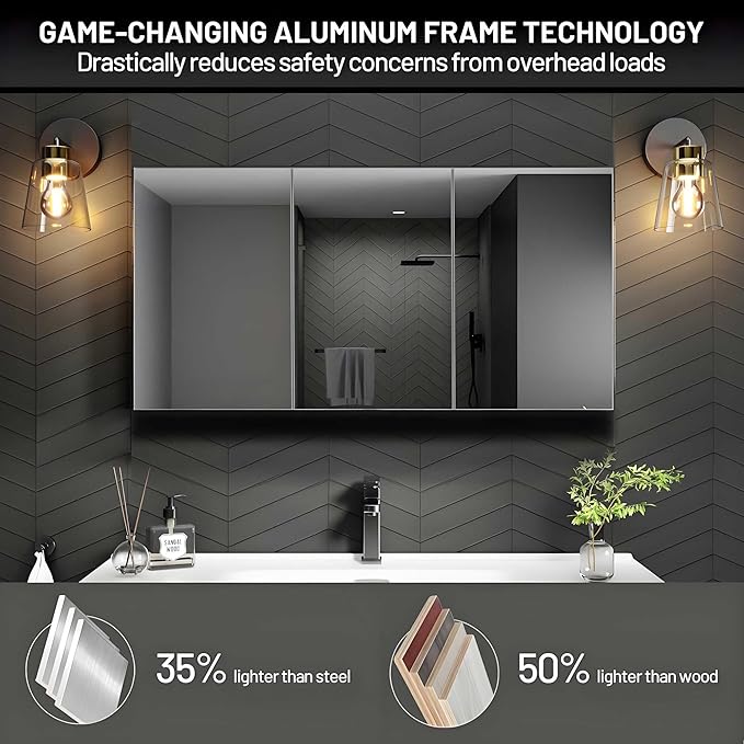 48 x 24 Medicine Cabinet Mirror for Bathroom,Assembly Required,Aluminum Alloy Frame,Surface-Mount Only,Mirrored Side Panel,Adjustable Shelves,Bathroom Medicine Cabinet with Mirror