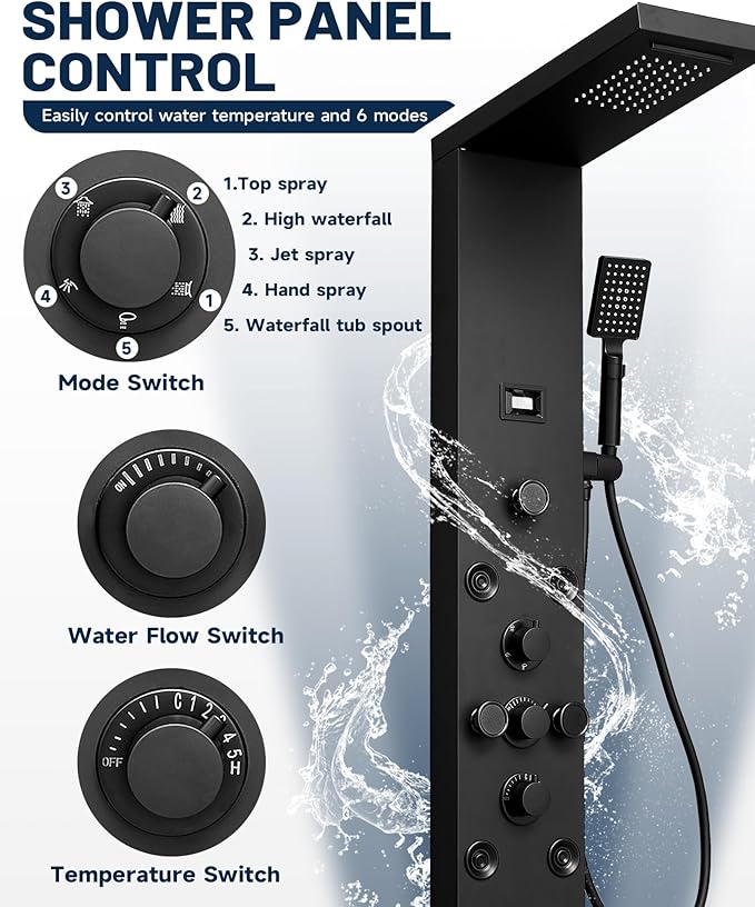 Homevacious 5 IN 1 Shower Panel Stainless Steel Shower Tower Panel System Matte Black Rainfall Waterfall Shower Head with Handheld Shower Massage Body Jets with Tub Spout Shower System