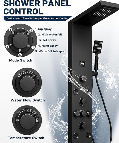 Homevacious 5 IN 1 Shower Panel Stainless Steel Shower Tower Panel System Matte Black Rainfall Waterfall Shower Head with Handheld Shower Massage Body Jets with Tub Spout Shower System