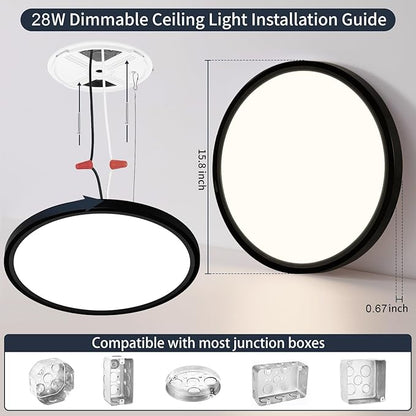 16 Inch Flush Mount Ceiling Light, 28W Dimmable LED Fixture 2800LM, 3000K/4500K/6000K Adjustable, Round Ceiling Lamp for Bedroom, Kitchen, Living Room, Dining Room, Bathroom, Black