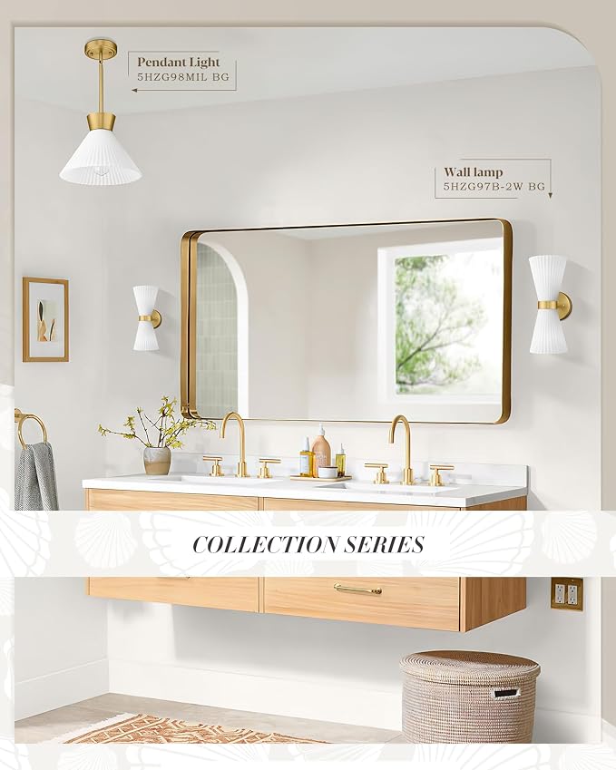 Gold Sconce Wall Lighting, HWH Single Wall Vanity Light Fixture Brushed Gold Wall Sconce Lamp, Modern Indoor Up Down Wall Light with Frosted Milk White Striped Glass Shade, 5HZG97B-2W BG