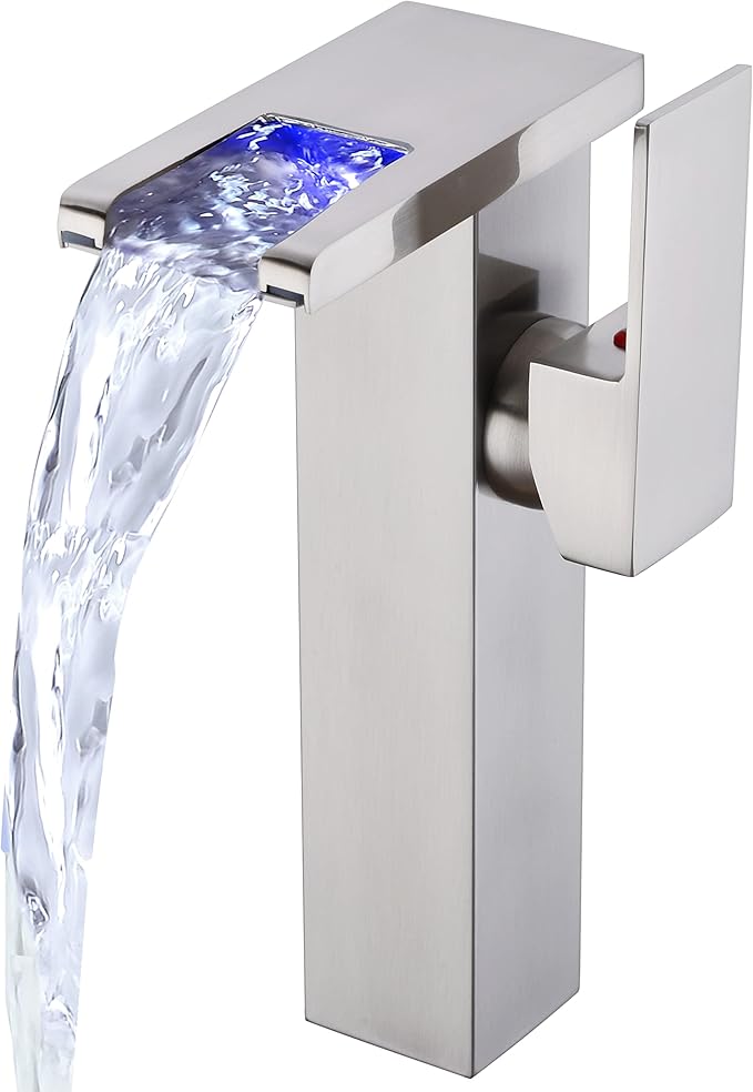 LED Waterfall Bathroom Sink Faucet, 3 Colors Spout Faucet with Water Supply Hose, Single Handle Single Hole Slanted Body Brass Mixer Vanity Sink Tap (Brushed Nickel)
