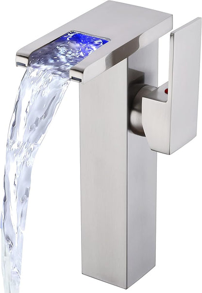 LED Waterfall Bathroom Sink Faucet, 3 Colors Spout Faucet with Water Supply Hose, Single Handle Single Hole Slanted Body Brass Mixer Vanity Sink Tap (Brushed Nickel)
