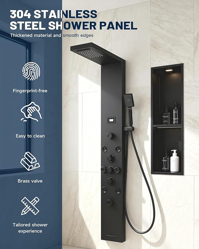 Homevacious 5 IN 1 Shower Panel Stainless Steel Shower Tower Panel System Matte Black Rainfall Waterfall Shower Head with Handheld Shower Massage Body Jets with Tub Spout Shower System