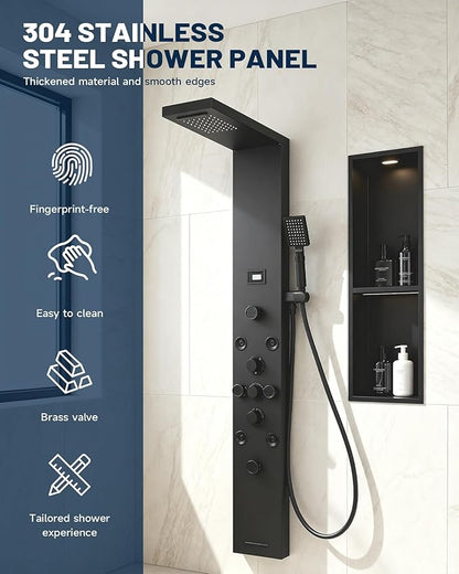 Homevacious 5 IN 1 Shower Panel Stainless Steel Shower Tower Panel System Matte Black Rainfall Waterfall Shower Head with Handheld Shower Massage Body Jets with Tub Spout Shower System