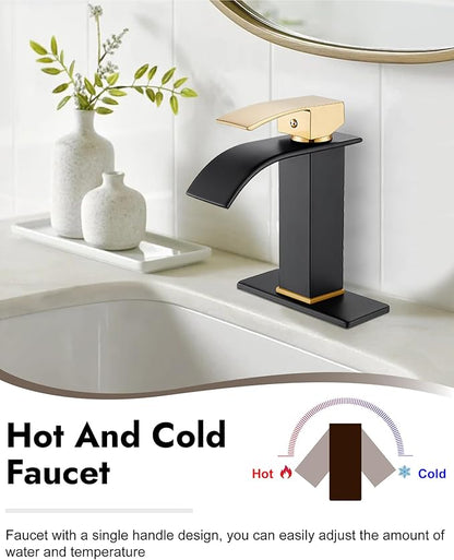 Midanya Bathroom Faucet with Waterfall Spout, Single Hole or 3-Hole Deck Mount, 304 Stainless Steel Sink Faucet with Pop-Up Drain, RV Vanity Compatible,Brushed Gold Handle/Matte Black