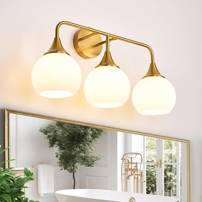 Modern Gold Bathroom Vanity Lights 3-Light Bathroom Light Fixtures Over Mirror with Milk White Glass Shade Modern Wall Sconce Lighting Bath Vanity Lights (Exclude E26 Bulb)