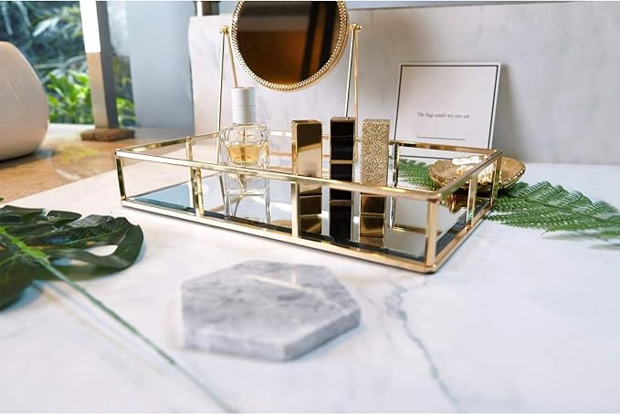 PuTwo Tray Mirror, Gold Dresser Ornate Tray Metal Decorative Tray Jewelry Perfume Organizer Makeup Tray for Vanity, Dresser, Bathroom, Bedroom | Gold Tray Jewelry Perfume Organizer Makeup Tray for Vanity Dresser Bathroom Bedroom