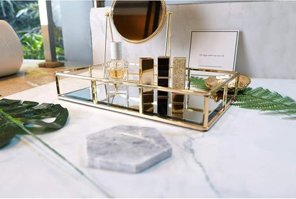PuTwo Tray Mirror, Gold Dresser Ornate Tray Metal Decorative Tray Jewelry Perfume Organizer Makeup Tray for Vanity, Dresser, Bathroom, Bedroom | Gold Tray Jewelry Perfume Organizer Makeup Tray for Vanity Dresser Bathroom Bedroom