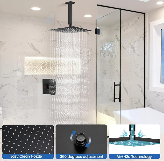 Airuida 12 Inch Matte Black Shower Faucet Set,Rainfall Shower System | Ceiling Shower Head,Male Thread Rough-in Valve,Ceiling Mount,Single Handle