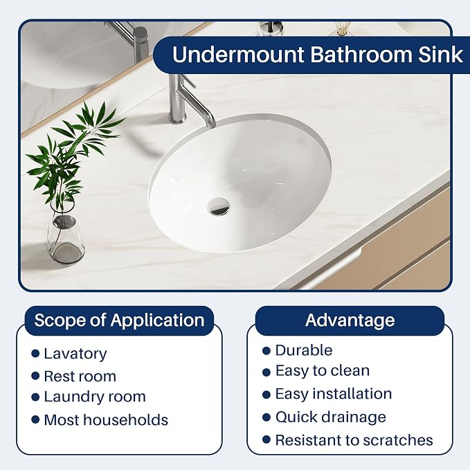 Enbol 17x14 inch Oval Undermount Ceramic Bathroom Sink - White Porcelain Vessel Lavatory Basin with Overflow, Countertop Vanity Sink ECU1714-1