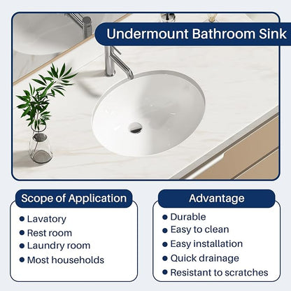 Enbol 17x14 inch Oval Undermount Ceramic Bathroom Sink - White Porcelain Vessel Lavatory Basin with Overflow, Countertop Vanity Sink ECU1714-1
